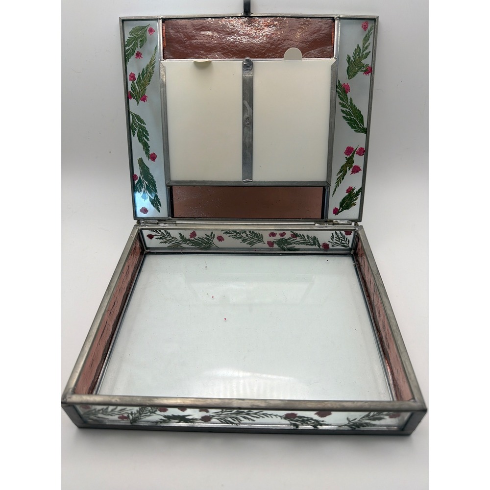 Vintage Stained Glass Jewelry Box Pressed Flowers Double Picture Frame Mirror